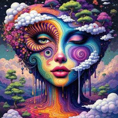 The primary subject of the image is a woman with a vibrant and colorful appearance. She is depicted with a mix of colors, including pink, purple, and yellow, giving her a unique and eye-catching look. The setting is a whimsical and imaginative environment, featuring a tree and clouds in the background. The visual style of the image is a combination of digital art and illustration, creating a surreal and dreamlike atmosphere. The colors and mood of the image are lively and cheer